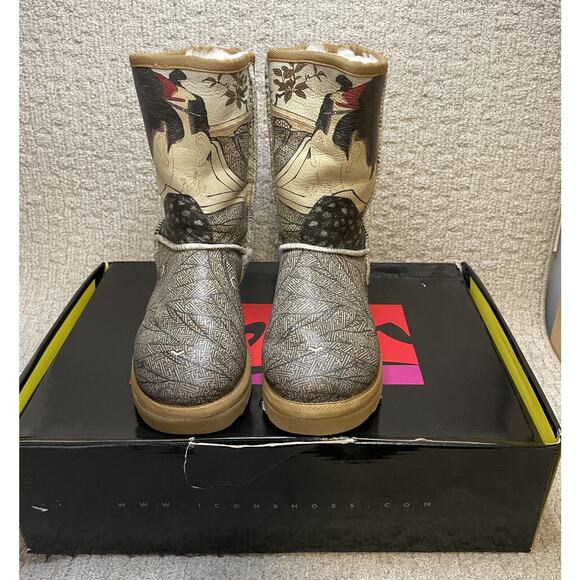 Icon Boots Asian Lovers Brown Black Leather & Shearling 6M HUG-3 BOX Mid-Calf